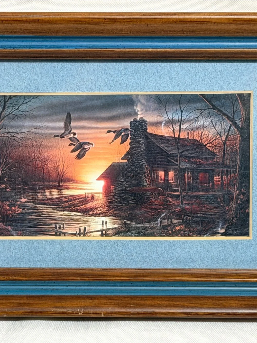 TERRY REDLIN FRAMED & MATTED PRINT “Golden Retreat” 5 x 7” Log Cabin Sunset Lake